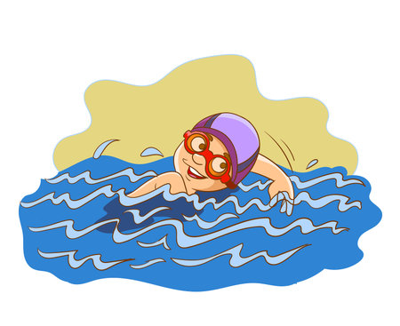 Illustration of a boy in a swimming cap and glasses swimming in the seaのイラスト素材