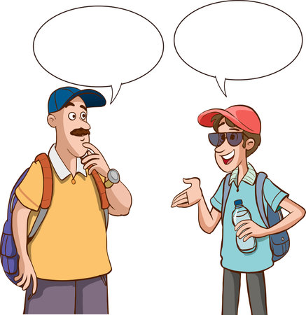 Couple of tourists with speech bubbles. Vector illustration isolated on white background.のイラスト素材
