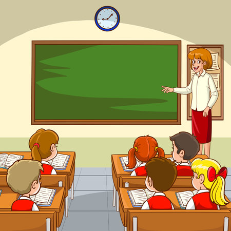 Illustration of a teacher and children in the classroom on a white backgroundのイラスト素材