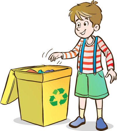 Cartoon illustration of a boy throwing garbage into a recycling bin.のイラスト素材