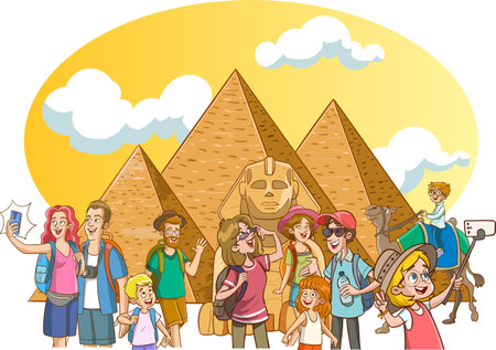 Group of tourists in front of the pyramids of Giza illustrationのイラスト素材