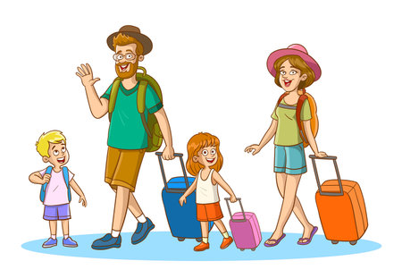 cute family packing their suits and going on vacationのイラスト素材