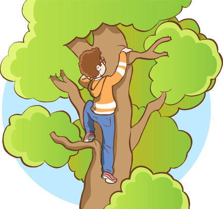 Illustration of a Kid Climbing a Tree on a Sunny Dayのイラスト素材
