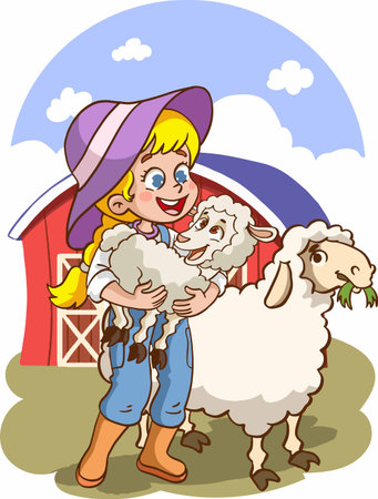 Illustration of a Little Girl Hugging Her Sheep at the Farmのイラスト素材