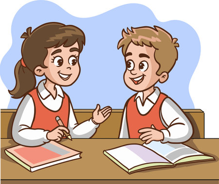 Illustration of a Little Boy and Girl Studying at the School Deskのイラスト素材
