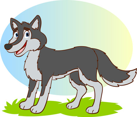 Illustration of a Cute Gray Wolf Standing in the Grass with Green Backgroundのイラスト素材