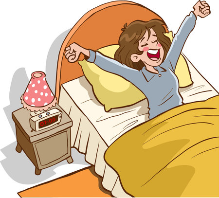 Illustration of a woman waking up in her bed with an alarm clockのイラスト素材