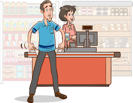 Cashier at the counter in the supermarket. Vector cartoon illustration.のイラスト素材