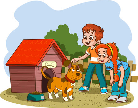 Boy and dog in the garden. Vector illustration in cartoon style.のイラスト素材