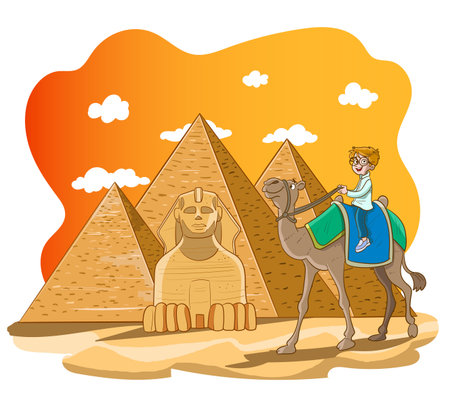 Illustration of a young girl riding a camel in front of the pyramidsのイラスト素材