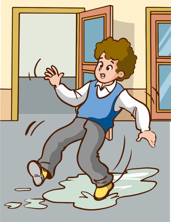 boy slipping on wet floor cartoon vectorのイラスト素材