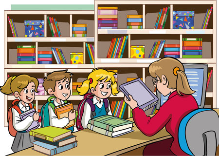Illustration of Kids Studying in the Library with Books and Bookshelvesのイラスト素材