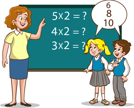 Vector illustration of a teacher and students on a blackboard with answersのイラスト素材