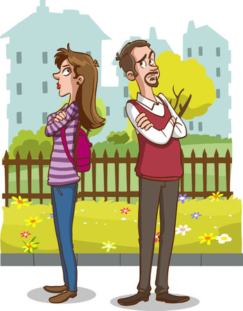 Young couple walking in the park. Vector illustration in cartoon style.のイラスト素材