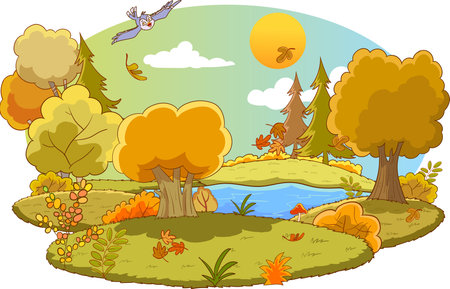 Autumn landscape with lake, trees and flying birds. vector illustrationのイラスト素材
