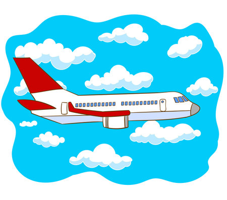 Airplane flying in the sky with clouds. Vector illustration of a passenger plane.のイラスト素材