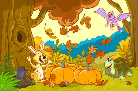 Vector illustration of Cartoon animals in the autumn forest with pumpkins.のイラスト素材