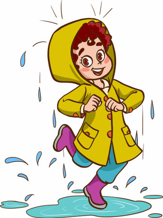 Illustration of a Little Girl Wearing a Raincoat and Puddlesのイラスト素材