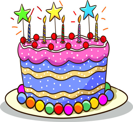 Illustration of a Cute Birthday Cake with Candles and Starsのイラスト素材