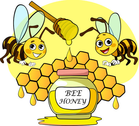 Cartoon Illustration of Honey Bee and Honeycomb Mascot Charactersのイラスト素材