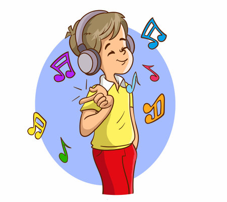 Vector illustration of a boy listening to music with headphones and notes.のイラスト素材