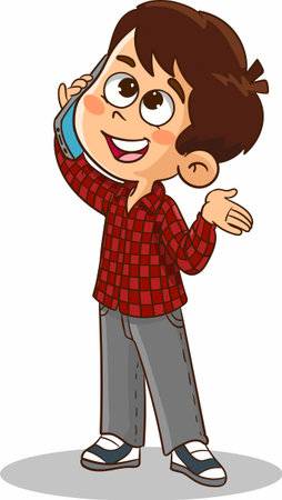 Illustration of a Kid Boy Talking on the Phone While Wearing a Red Shirtのイラスト素材