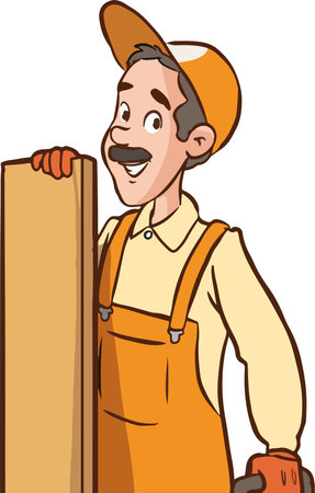 Illustration of a handyman holding a wood board facing front on isolated white background done in cartoon style.のイラスト素材
