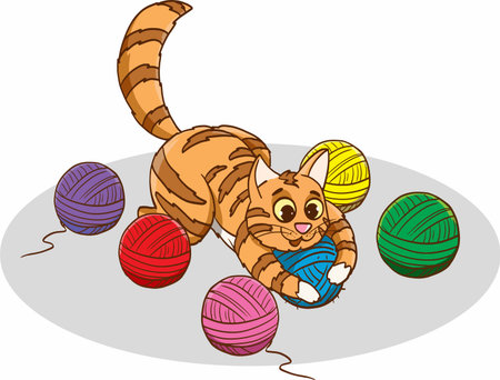 Cartoon Illustration of Cute Cat Playing with Yarn Ballsのイラスト素材