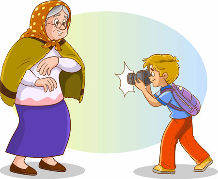 Illustration of a Grandmother Taking a Photo of Her Grandsonのイラスト素材