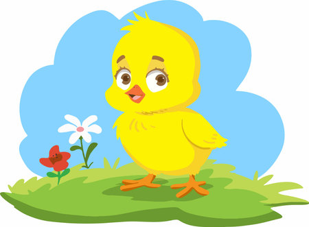 Illustration of a cute yellow duckling standing in the grass with flowersのイラスト素材