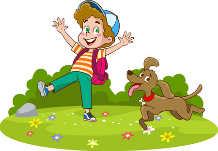 Illustration of a Little Girl Playing with a Dog in the Parkのイラスト素材