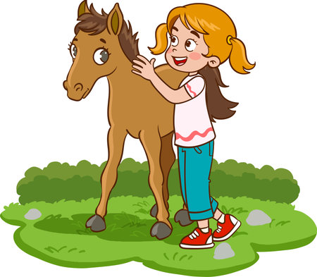 Illustration of a Little Girl Hugging a Horse in the Grassのイラスト素材