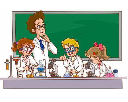 Vector illustration of a teacher and students in a chemistry class with a blackboardのイラスト素材