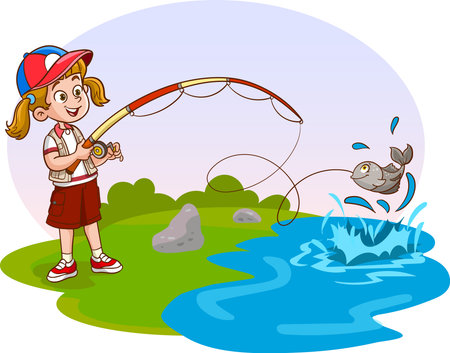 Illustration of a Little Girl Holding a Fishing Rod and a Fishのイラスト素材