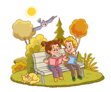 cute little kids reading book in the park vector illustration designiconのイラスト素材