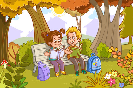 Boy and girl reading books in the park. Vector cartoon illustration.のイラスト素材