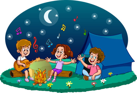 Happy kids camping in the campfire illustration vector on white background.のイラスト素材