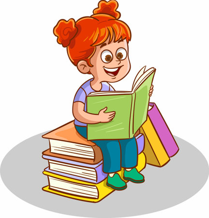 Vector illustration of a little girl reading a book sitting on a stack of booksのイラスト素材