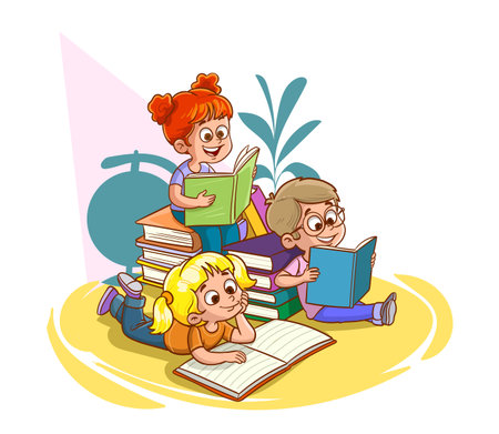 Vector illustration of children reading books and doing homework on the floor.のイラスト素材