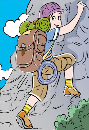 Illustration of a boy with a backpack climbing up a mountain.のイラスト素材