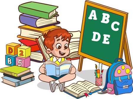 Schoolboy reading a book. Vector clip art illustration with simple gradients. All in a single layer.のイラスト素材