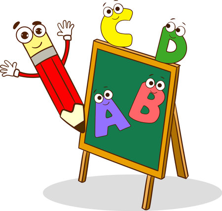 Illustration of Stickman Kids Drawing on a Blackboard with ABCのイラスト素材