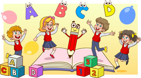 Cartoon Illustration of Kids Playing with Alphabet Blocks and Educational Booksのイラスト素材