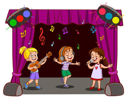 Children singing and playing musical instruments on stage. Vector cartoon illustration.のイラスト素材