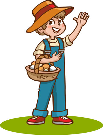Illustration of a farmer holding a basket full of freshly harvested eggs wavingのイラスト素材