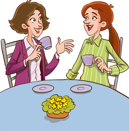 Illustration of a Couple of Women Sitting at a Table Having Dinnerのイラスト素材