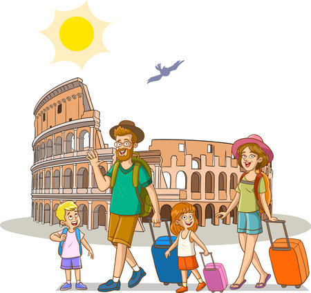Family traveling in Colosseum, Rome, Italy. vector illustrationのイラスト素材