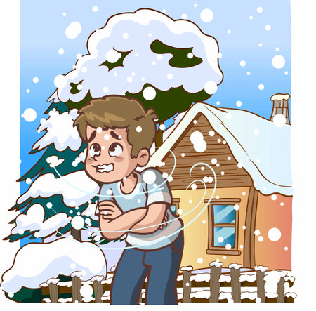 Boy in front of the house in winter. Vector cartoon illustration.のイラスト素材