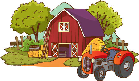 Cartoon farm landscape with tractor and haystack. vector illustration.のイラスト素材