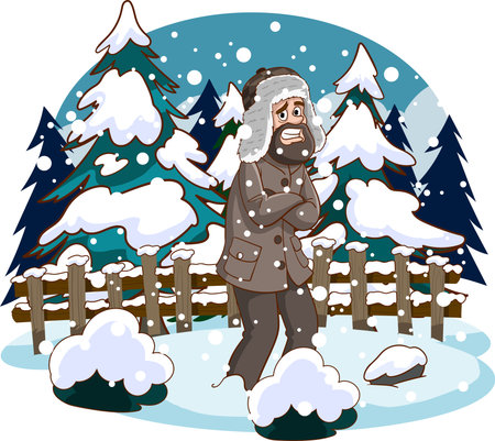 Old man walking in the winter forest. Vector illustration in cartoon styleのイラスト素材